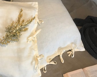 Linen Pillowcase with Ties, Natural Flax Pillow Sham Cover