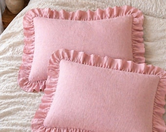 Ruffled Pink Linen Pillow Sham, Romantic Shabby Chic Decor