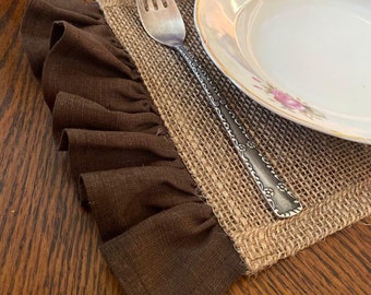 Mantel individual de arpillera con volantes, decoración de mesa costera de estilo rústico