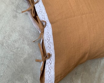Linen Pillowcase with Tie Lace, Farmhouse Pillow Cover