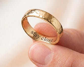 Personalized Hidden Message Hammered Ring - Sterling Silver Engraved Band - Custom Quote Ring