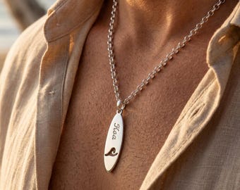 Personalized Surfboard Necklace for Men - Custom Name Surf Necklace in Sterling Silver - Beach Jewelry Gift