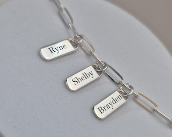 Personalized Mom Bracelet With Kids Names - Silver Engraved Name Bracelet - Paperclip Bracelet - Link Chain Charms Bracelet - Gift For Mom