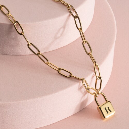 Initial Padlock Necklace Tiny Engraved Lock Custom Initial Etsy