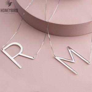 Personalized Large Initial Sideways Necklace - Silver Oversized Letter Necklace - Large Letter Monogram Necklace - Tilted Letter Pendant