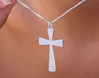 Sterling Silver Engraved Cross Necklace - Personalized Cross Pendant With Name - Cross Jewelry - Christian Gifts - Gift For Her-Gift For Him