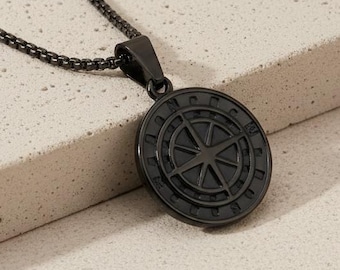 Black Compass Necklace for Men – Stainless Steel Adventure Pendant – Personalized Travel Gift for Him