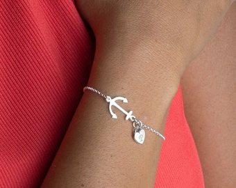 Personalized Anchor Charm Bracelet - Anchor Initial Bracelet With Heart Charm - Silver Initial Bracelet - Bestfriend Gift - Anchor Jewelry