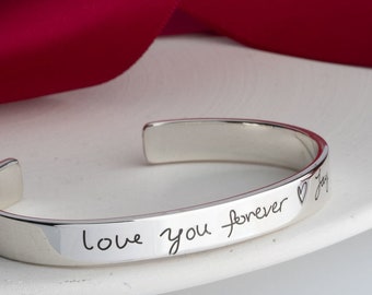 Custom Handwritten Bangle Bracelet With Engraving - Sterling Silver Engraved Bangle - Personalized Cuff Bracelet-Actual Handwriting Bracelet