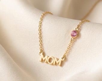 Sterling Silver MOM Birthstone Necklace – Personalized Gift for New Mom – First Mother’s Day