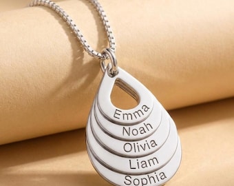 Personalized Teardrop Family Necklace, Up to 5 Names, Sterling Silver Mom Necklace, Custom Layered Name Pendant, Mother's Gift