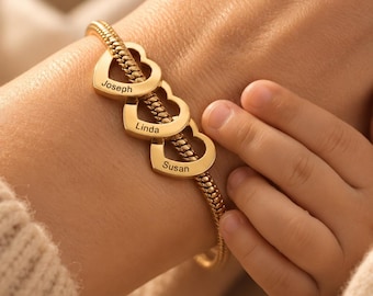 Personalized Mom Bracelet with Kids Names, Custom Name Bracelet for Mother, Engraved Heart Bracelet Gift for Mom