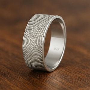 Sterling Silver Fingerprint Ring - Personalized Fingerprint Band - Thumbprint Ring - Actual Fingerprint Jewelry - Gift For Him Her