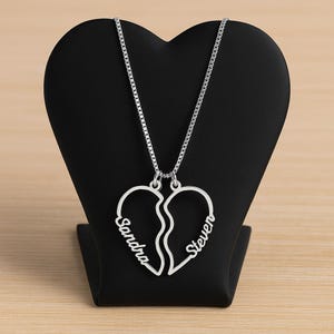 Personalized Split Heart Name Pendants - His and Her Necklaces - Silver Broken Heart Names Necklace - Matching Name Necklace - Couple Gift
