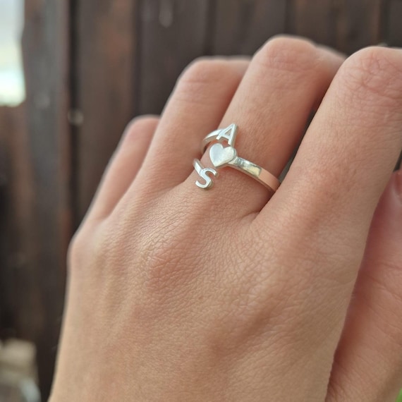 Sterling Silver Initial Heart Ring: Personalized Couple Jewelry