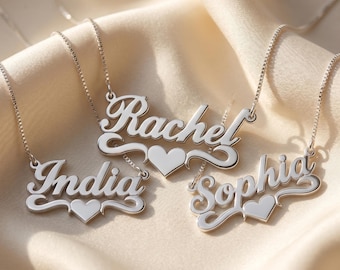 Personalized Heart Name Necklace for Women, Custom Script Name Pendant, Sterling Silver or 24K Gold, Birthday Gift for Her