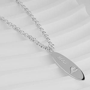 Personalized Surfboard Necklace • Custom Name Engraved Pendant • Sterling Silver