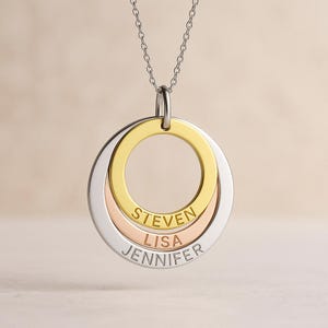 Personalized Sterling Silver Mother&#39;s Name Necklace • Three-Tone Family Rings Pendant • Meaningful Family Jewelry • Christmas Gift for Mom