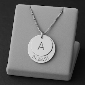 Personalized Sterling Silver Initial & Date Necklace - Layered Disc Pendant