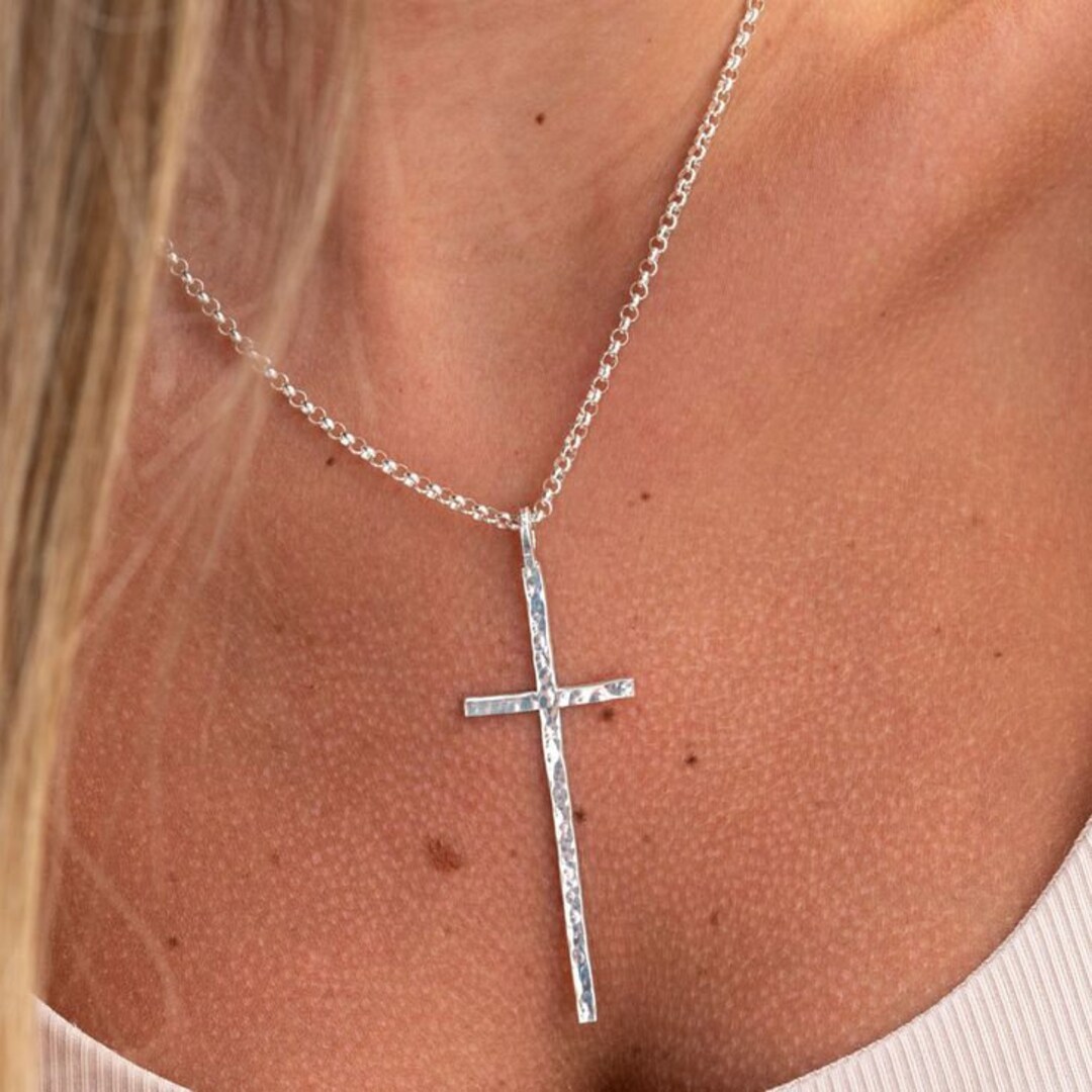 Silver Hammered Cross Necklace Baptism Cross Necklace Christian Cross
