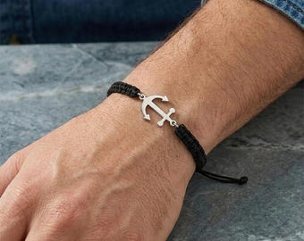 Men’s Sterling Silver Anchor Bracelet, Nautical Black Cord Rope Bracelet, Adjustable Sailing Jewelry