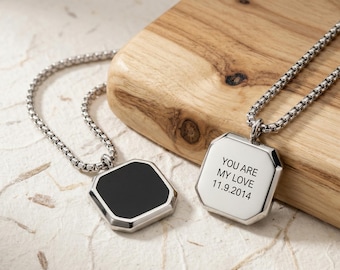 Collier personnalisé gravé en onyx, pendentif personnalisé en acier inoxydable, cadeau pour lui