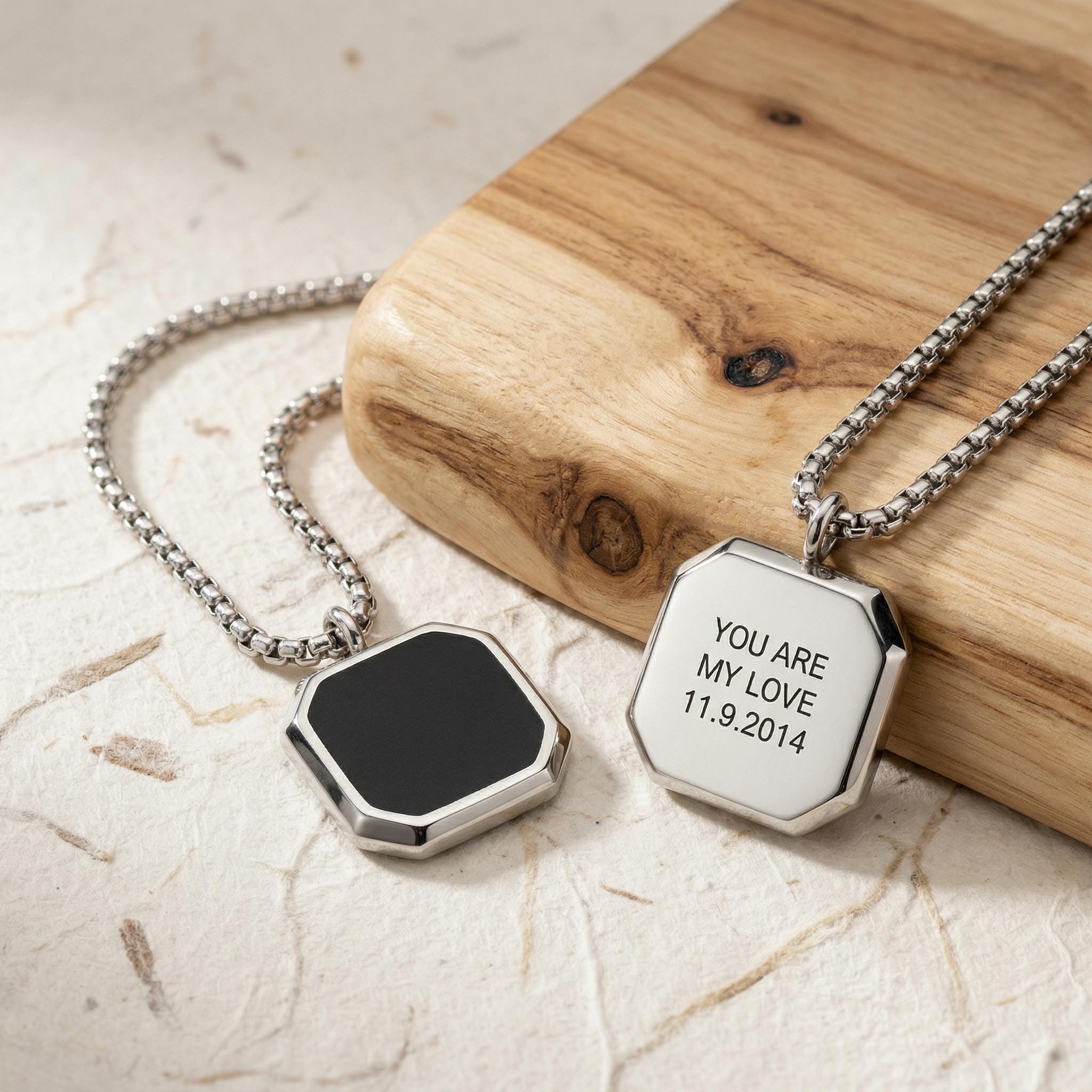 Custom Engraved Onyx Tag Necklace, Personalized Stainless Steel