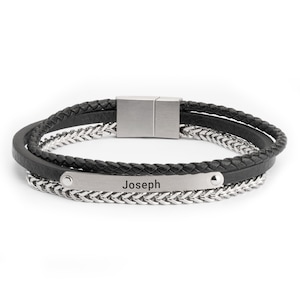 Gelaagde leren naamarmband voor heren • Gevlochten leren armband • Op maat gegraveerde leren armband voor heren • Zwart-zilveren herenarmband