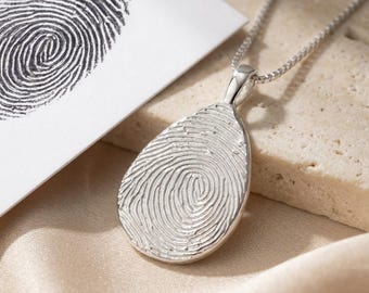 Personalized Fingerprint Necklace, Custom Fingerprint Pendant, Sterling Silver Teardrop Necklace, Memorial Keepsake Gift