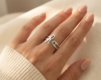 Personalized Initial Birthstone Ring, Custom Letter Ring, Sterling Silver Ring, Gift for Her