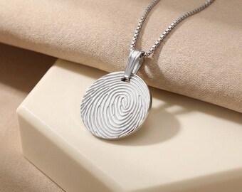 Custom Fingerprint Necklace, Personalized Memorial Jewelry, Engraved Sterling Silver Pendant, Remembrance Gift