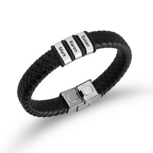 Aangepaste gegraveerde armband voor papa • Leren herenarmband met namen • Gevlochten leren armband voor mannen • Cadeau voor hem • Zwarte manchetarmband