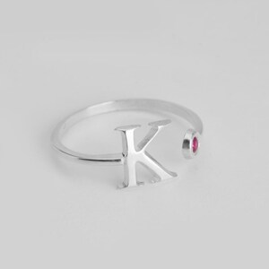 Personalized Sterling Silver Initial Ring with Birthstone - Custom Open Ring