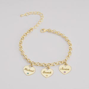 Heart Name Bracelet with Birthstones, Personalized Name Charm Bracelet, Custom Bracelet with Kids’ Names, Family Name Bracelet for Mom