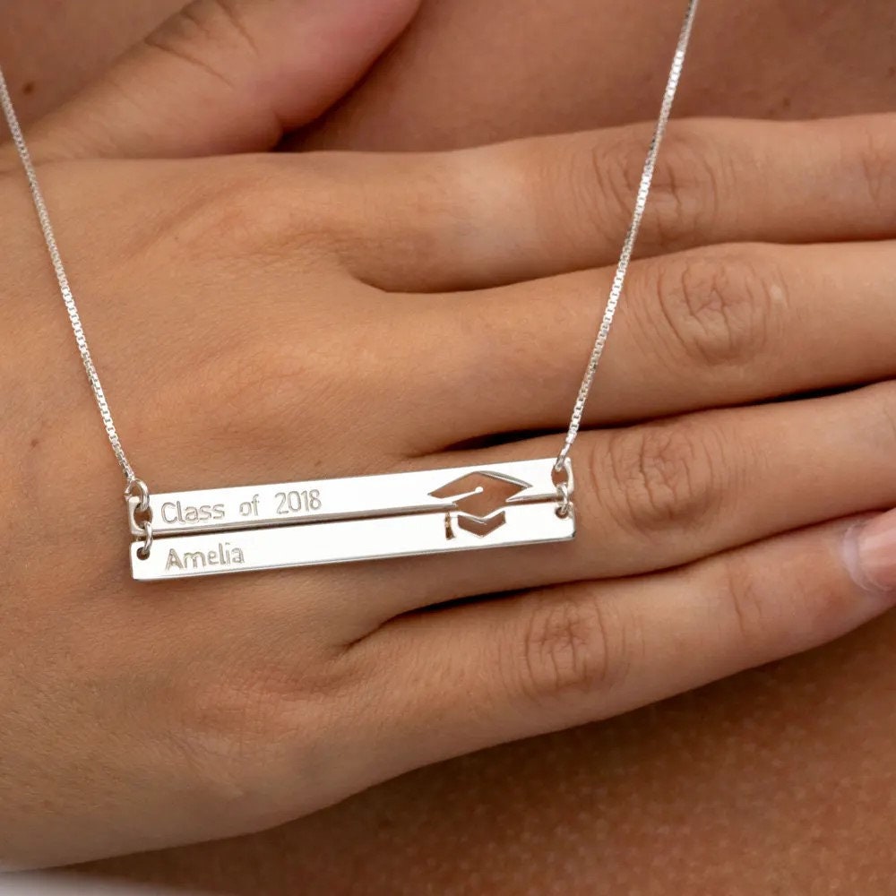 Personalized Graduation Necklace - Sterling Silver Grad Bar Necklace - Custom Bar Engraved Necklace - Graduation Gift -  Name Bar Necklace