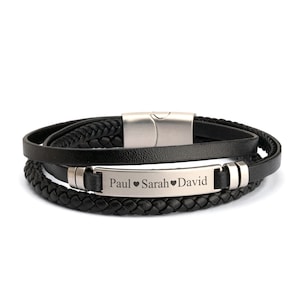 Gepersonaliseerde gegraveerde herenarmband • Gevlochten leren herenarmband • Gelaagde leren armband • Zwart-zilveren herenarmband