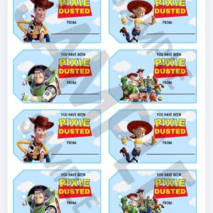May include: A sheet of eight rectangular gift tags with a light blue sky and cloud background. Each tag features characters from Toy Story, the text "YOU HAVE BEEN PIXIE DUSTED" in yellow and red, and a "FROM:" line for writing a name.