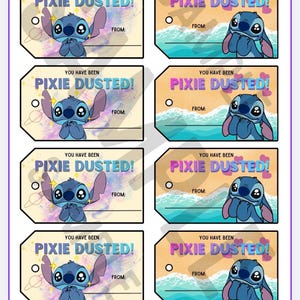 May include: A sheet of eight rectangular gift tags with rounded corners and a hole punch. Four tags feature a blue alien character, space graphics, and the text YOU HAVE BEEN PIXIE DUSTED! FROM:. Four tags feature the same character, ocean waves, and text.