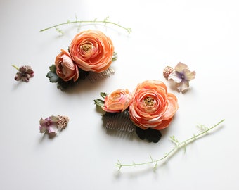Hair Comb Floral for Wedding, Tangerine Peachy Floral Mini Hair Comb, Bridal Hair Comb, Peach Floral Hair Comb, Bridesmaid, Summer Wedding