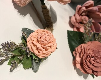 Sola Flowers Single Mens  Bout With Womans Hair Accent  Matching Dusty Pink Soft Hues