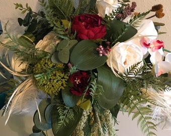 Bridal Bouquet Boho  Faux Fields Of Beauty, Roses Mauve w/Greens Artificial Bouquet, Bride, Bouts, Klarna Payment Plan Plumes or Feathers