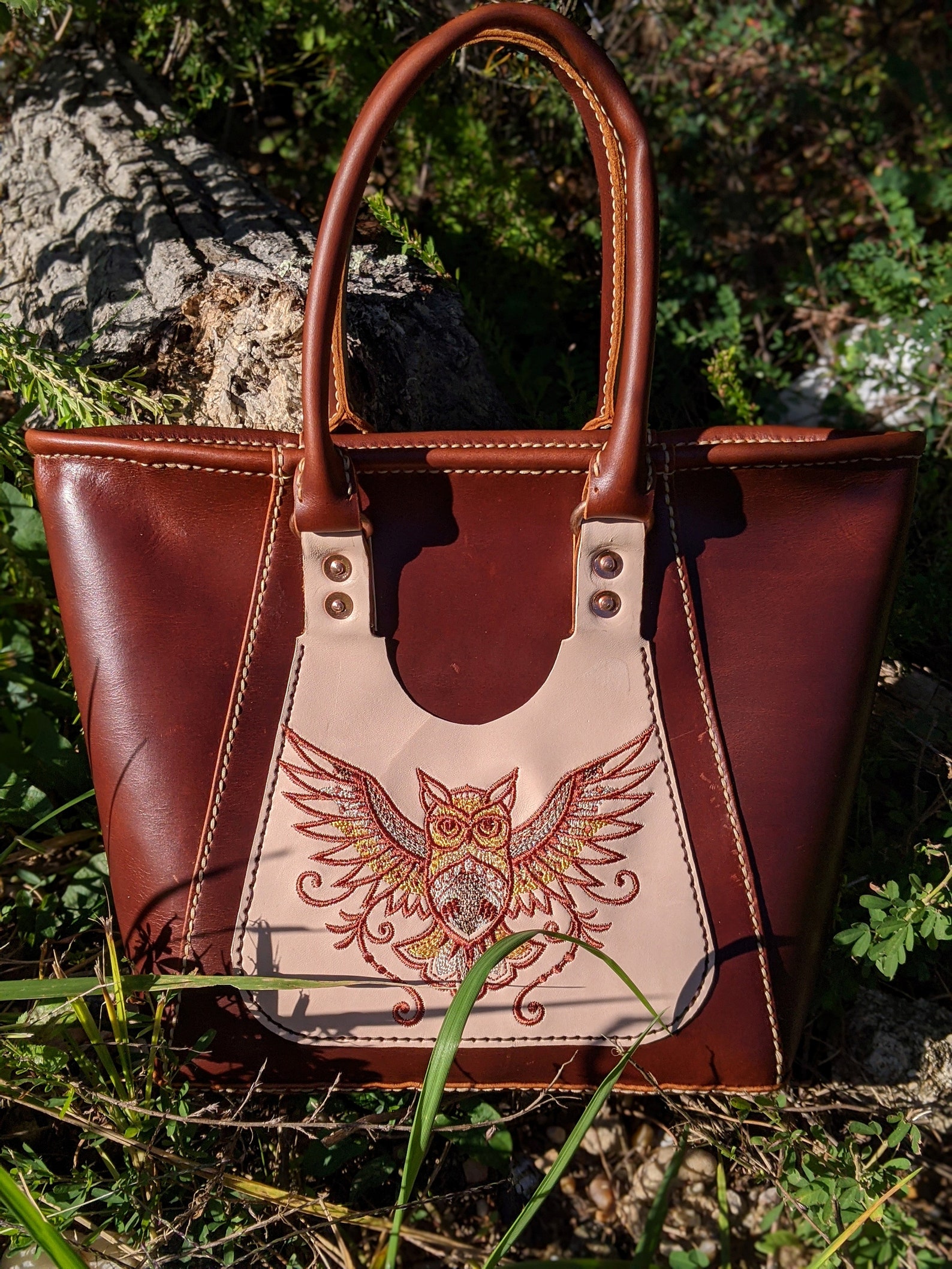 Milled Maple Leather Tote Bag with Embroidery Brown Owl Tote Etsy