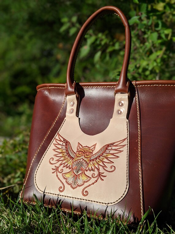 Milled Maple Leather Tote Bag With Embroidery Brown Owl - Leather Owl Purse Milled Maple Leather Tote Bag With Embroidery Brown Owl - Leather Owl Purse