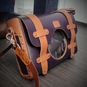 Electric Purple and Brown Crossbody Leather ITA bag/Messenger bag with clear vinyl display pocket and insert for pin and badges display