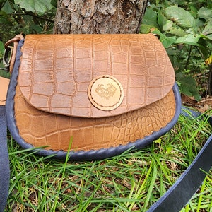 Alligator print Leather Bag/ Tan and Blue bag