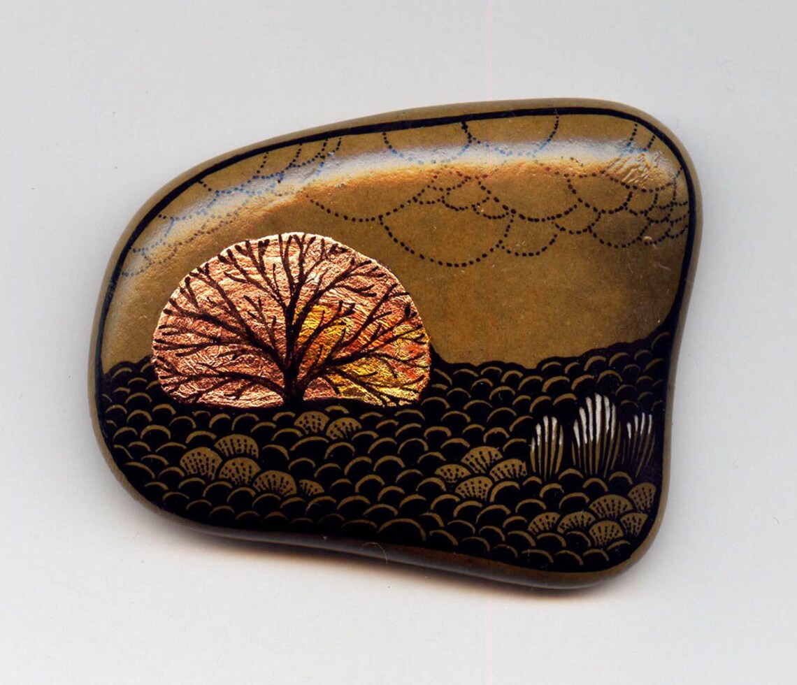 Original Hand Painted Gold Landscape on rock stone Etsy