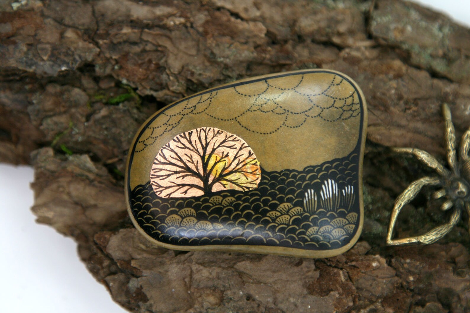 Original Hand Painted Gold Landscape on rock stone Etsy