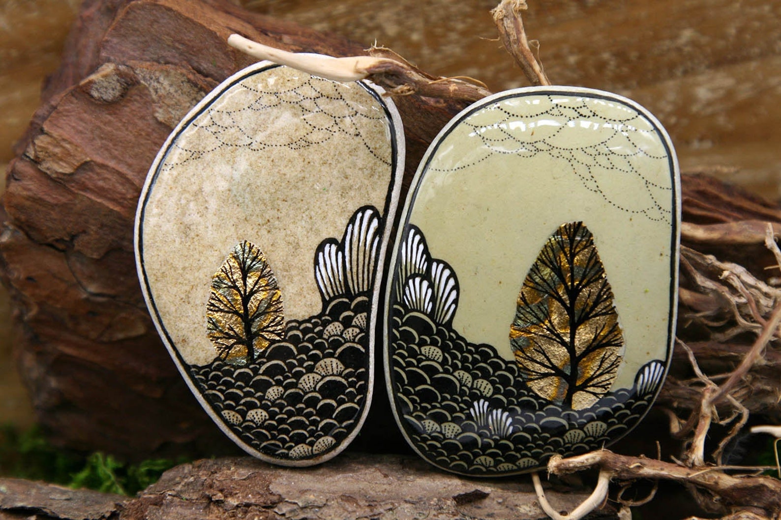 Original Hand Painted Gold Landscape on rock stone Etsy