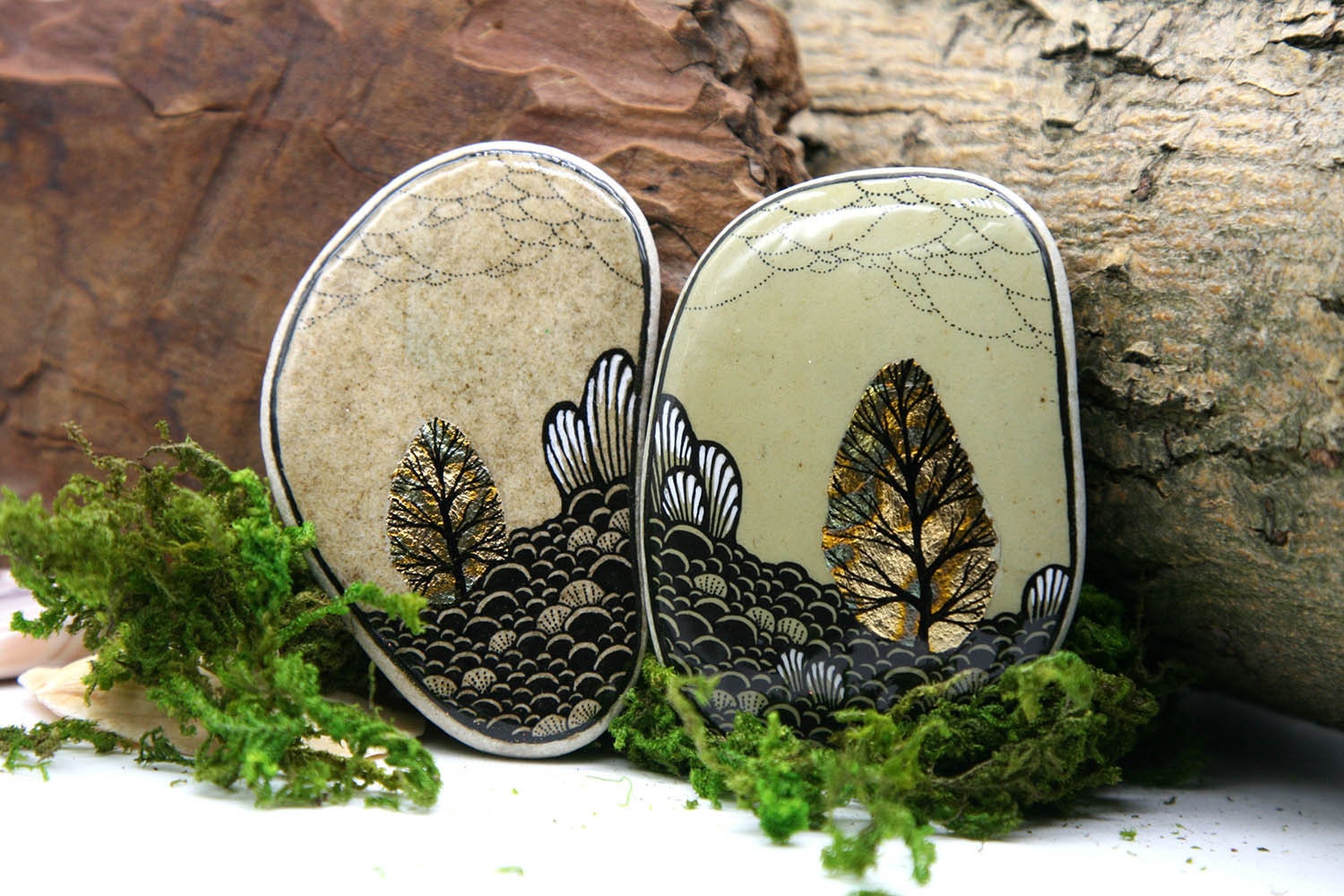 Original Hand Painted Gold Landscape on rock stone Etsy