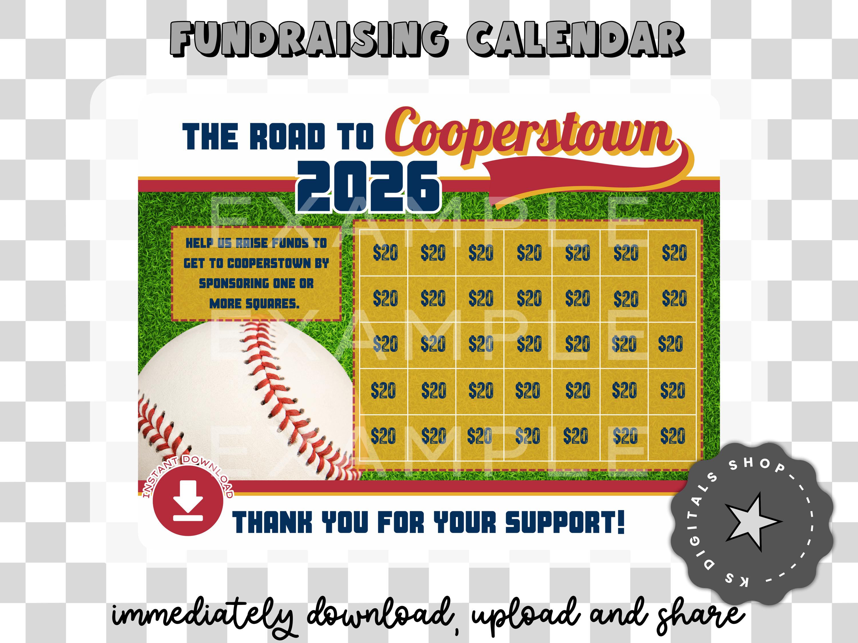 Cooperstown Baseball Fundraising Calendar 2026 | Digital Download